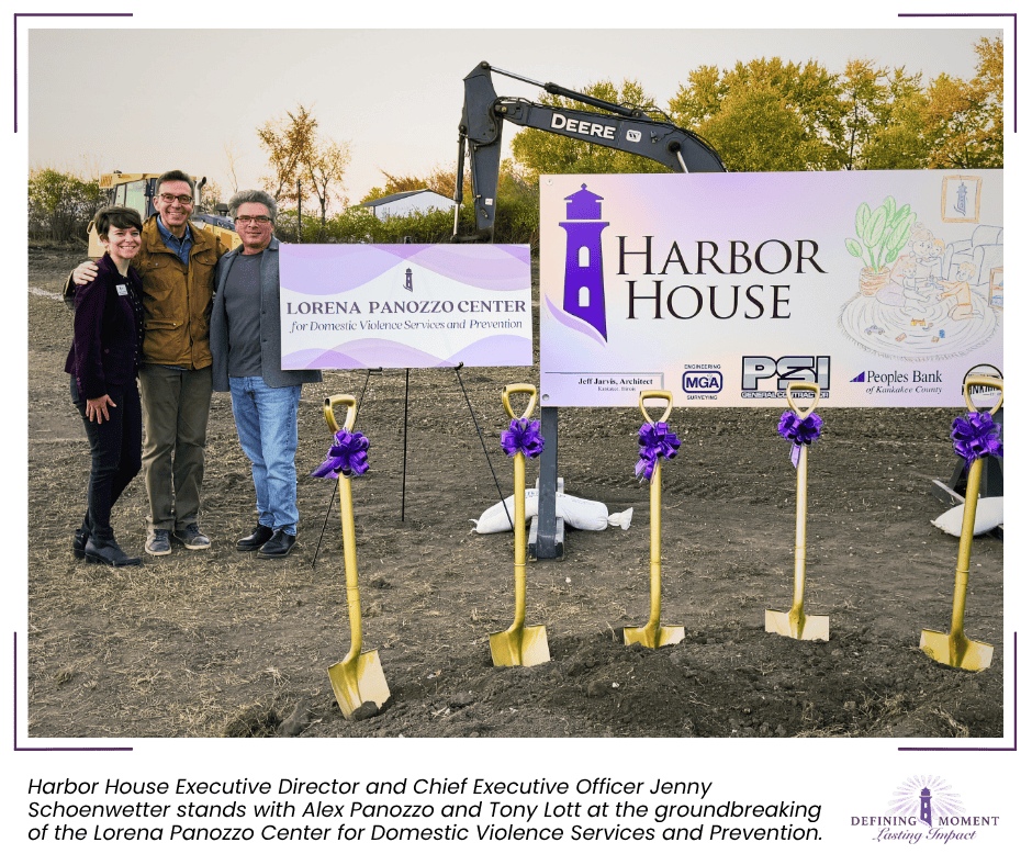 Harbor House Executive Director and Chief Executive Officer Jenny Schoenwetter stands with Alex Panozzo and Tony Lott at the groundbreaking of the Lorena Panozzo Center for Domestic Violence Services and Prevention.